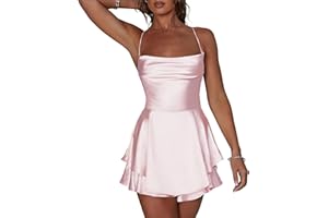 JLKGICF Women Satin Dress Backless Short Romper Cowl Neck Bandage Back Jumpsuit Sleeveless Layered Mini Dress Jumpsuit