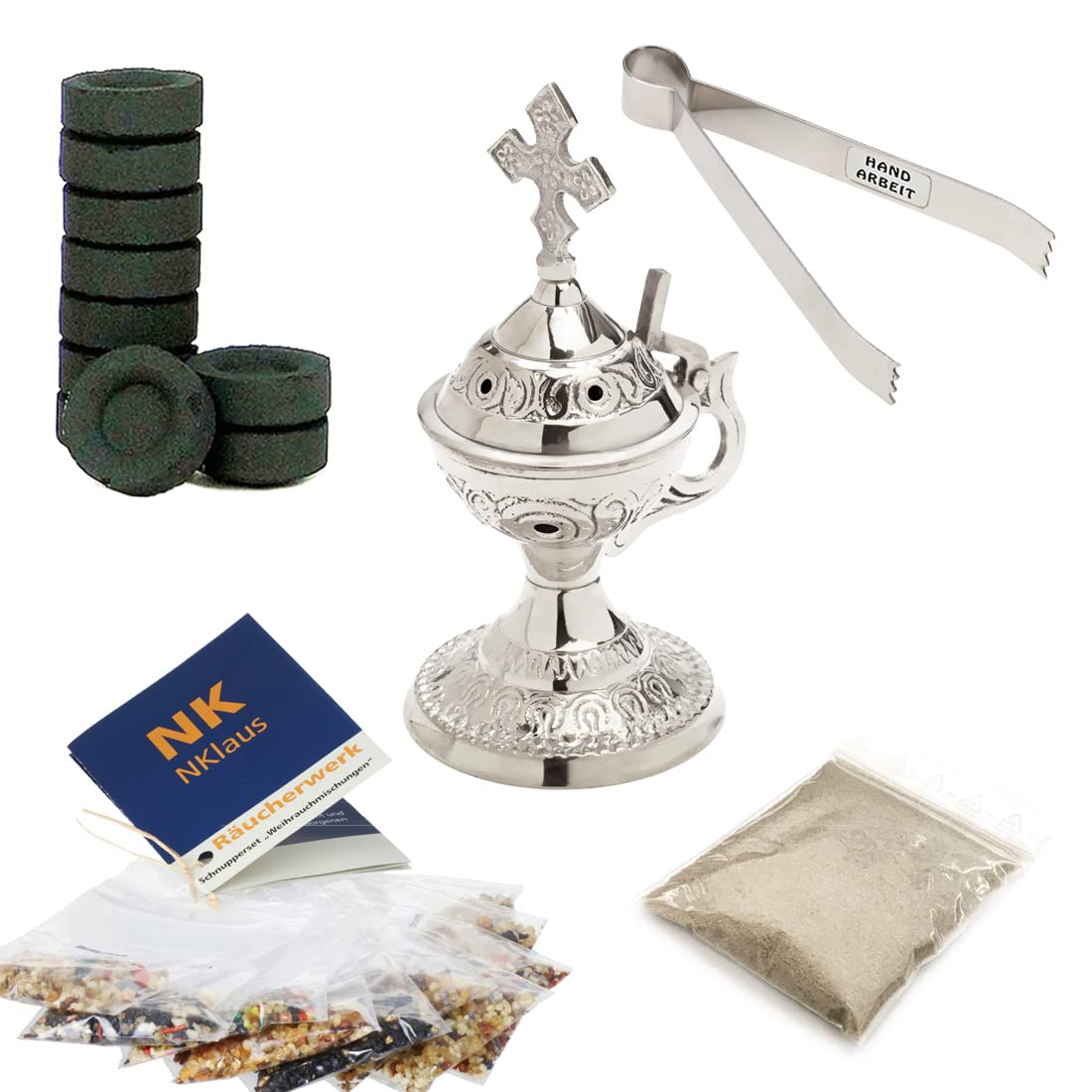 NKlaus 14pcs Set Incense Burner Silver Charcoal Tongs Incense Sand Incense 40660