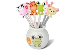 Zeltauto 6 Pcs Fruit Forks Cute Cartoon Animal Food Picks for Kids Mini Salad Cake Dessert Toothpicks Forks with a Ceramic Holder for Party Supply(Cartoon)