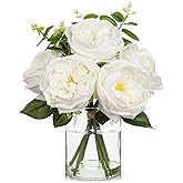 Hollyone Real Touch Peonies Artificial Flowers Arrangements in Vase White Fake Peonies with Glass Vase Silk David Austin Roses Faux Flowers with Clear Faux Water Bouquet Table Centerpiece Home Decor