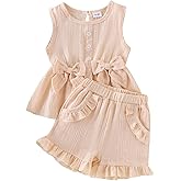 Aenbilo Baby Girl Clothes Toddler Summer Outfits Cute Bow Sleeveless Top and Ruffle Shorts 2pc Set 1-5 Years Old