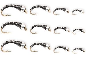Tungsten Bead Zebra Midge Fly Fishing Nymphs 12-Pack | Hand-Tied Trout Flies Sizes 18-22 | Black Red Silver Gold | Euro Nymph