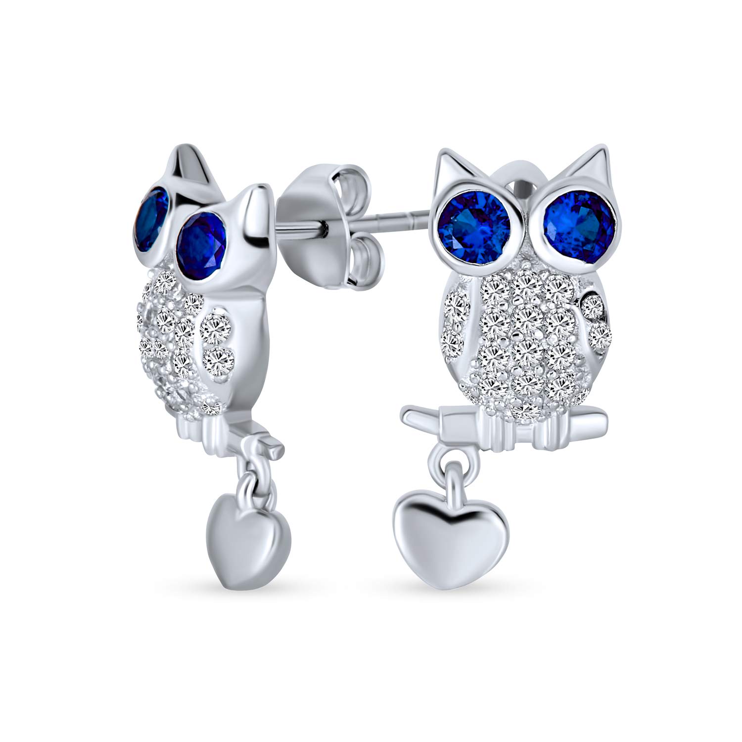Wise Graduate Lucky Sitting Branch Owl Stud Earrings For Women Big Blue Eye Cubic Zirconia CZ Heart Charm .925 Sterling Silver — image 1