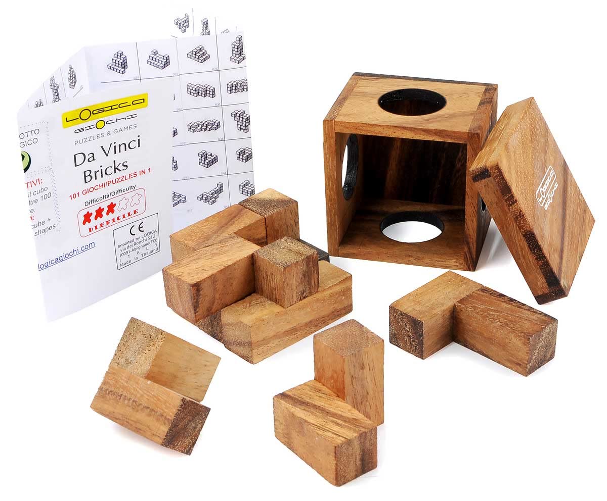 Logica Puzzles Art. Da Vinci's Bricks - 100 Puzzles in 1-3D Brain Teaser in Fine Wood - Mixed Difficulties - Soma Cube - Leonardo da Vinci Collection