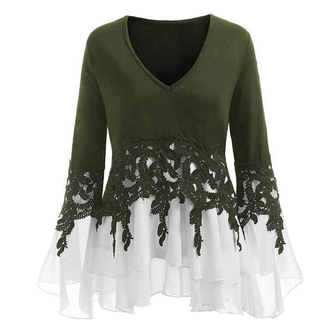 VJGOAL Damen Bluse, (38-46) Damen Mode Applique Patchwork Flowy Chiffon V-Ausschnitt Langarm Casual Party Bluse Tops