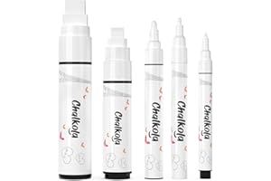 Chalkola 5 White Chalk Markers for Chalkboard Signs, Blackboard, Car Window, Bistro, Glass | 5 Variety Pack - Thin, Fine Tip, Bold & Jumbo Size Erasable Liquid Chalk Pens (1mm, 3mm, 6mm, 10mm, 15mm)