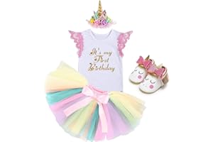 NEWEPIE Rainbow Unicorn Baby Girls Costume 1st Birthday Cake Smash Outfits Princess Romper Handmade Tutu Skirt Headband Shoes