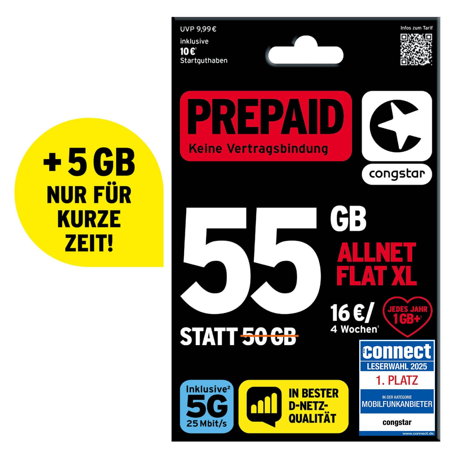 congstar Prepaid ALLNET XL – 55 GB im D-Netz mit 5G (25 Mbit/s), 16€ Startguthaben, Telefon & SMS Flat in alle dt. Netze, EU-Roaming inkl., jedes Jahr 1 GB mtl. mehr, ohne Vertrag.