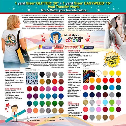 GERCUTTER Store: 1 yard SISER GLITTER + 1 yard SISER EASYWEED Heat Transfer Vinyls on Cotton or Polyester Mesh and Poly-blend Fabrics (Mix &amp; Match your favorite colors)