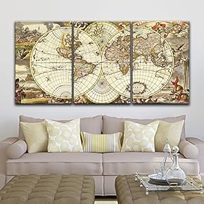 3 Panel Canvas Wall Art - Vintage World Map - Giclee Print Gallery Wrap Modern Home Art Ready to Hang - 16"x24" x 3 Panels