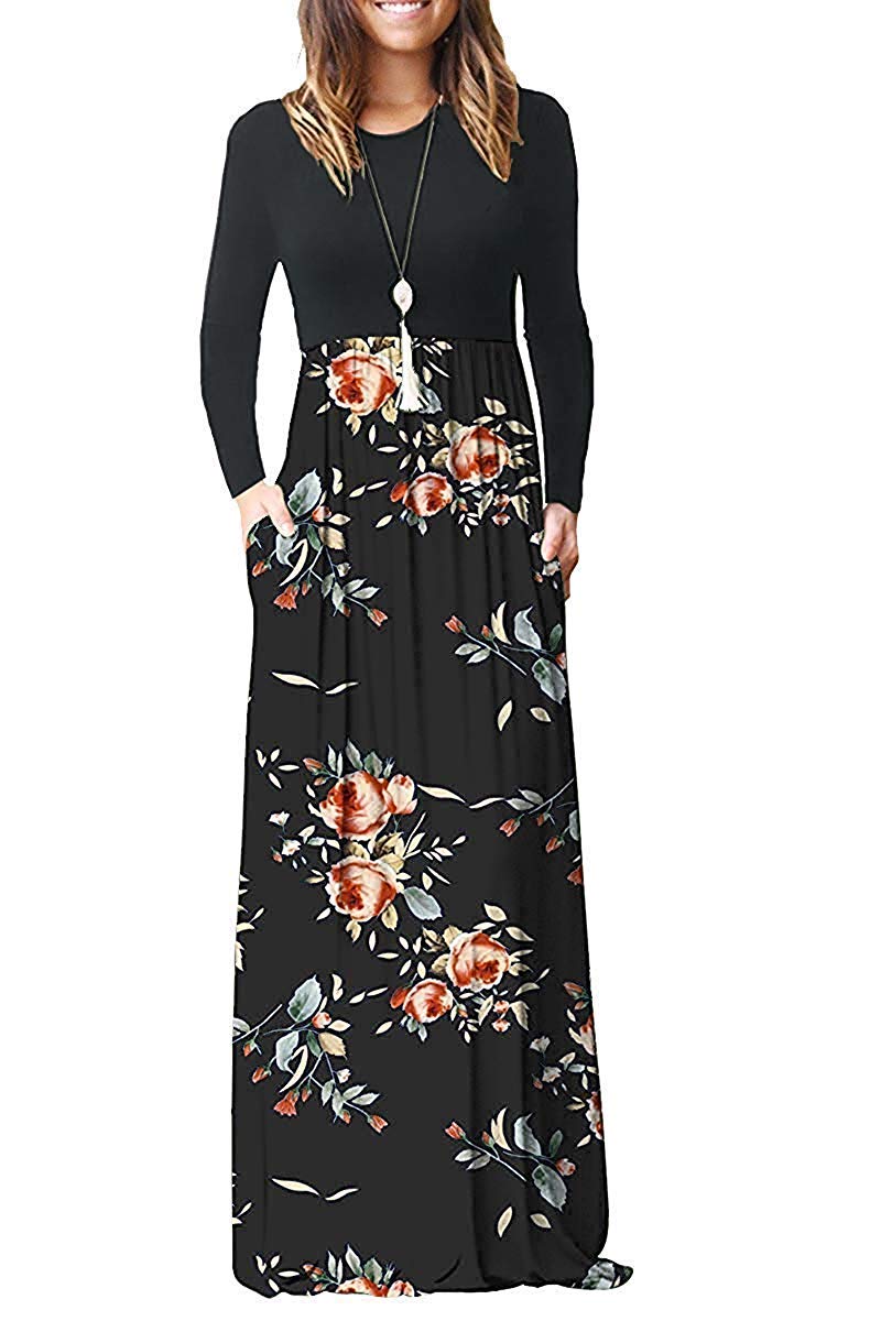 AUSELILYWomen Long Sleeve Loose Plain Maxi Dresses Casual Long Dresses with Pockets