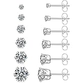 UHIBROS Stainless Steel Stud Earrings Set Hypoallergenic Cubic Zirconia 18K White Gold 316L CZ Earring 6 Pairs 3-8mm