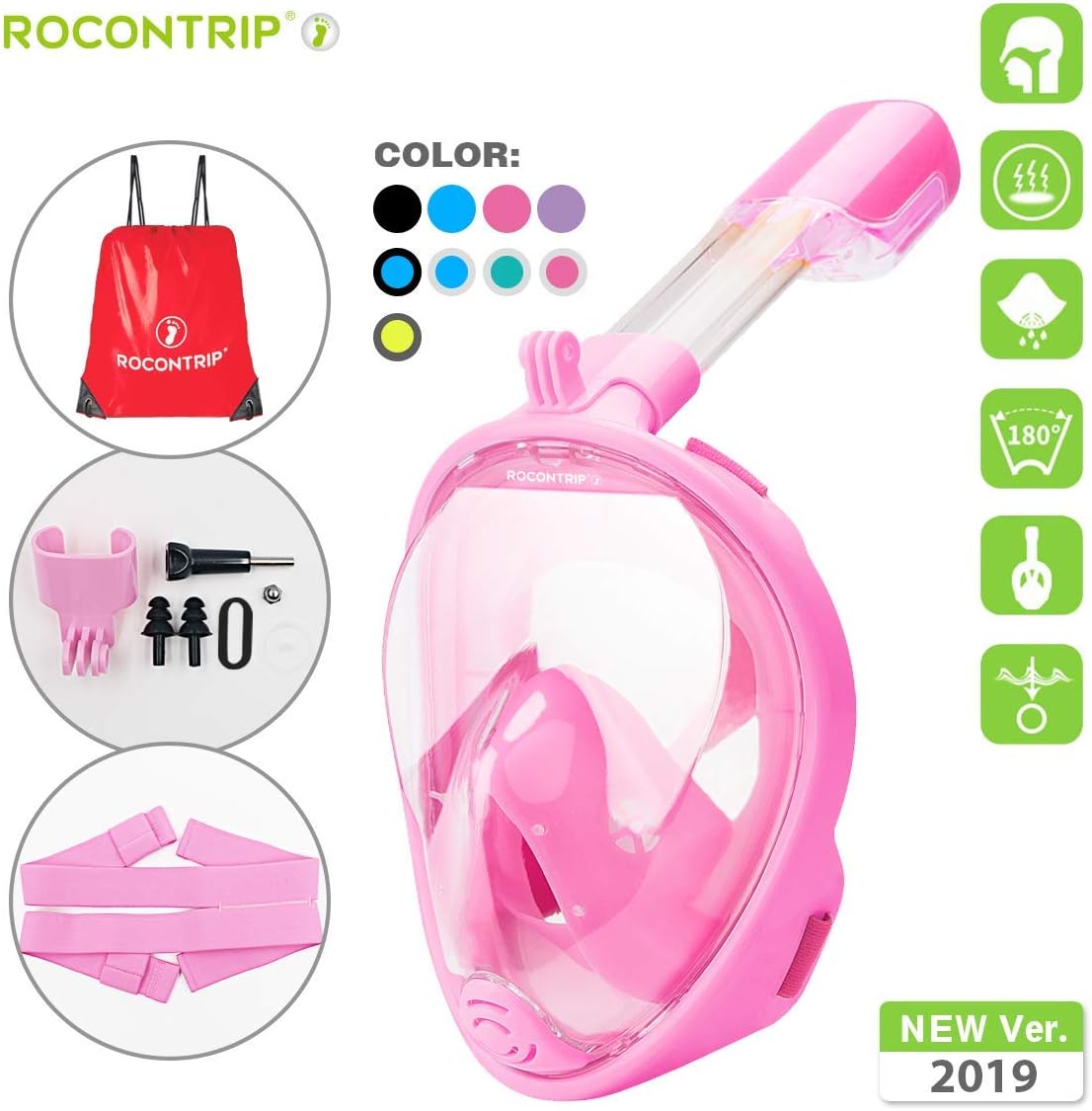 ROCONTRIP Snorkeling Mask,Full Face Snorkel Diving Mask 180°View Panoramic Design,Anti-Fogging Anti-Leak with Adjustable Head Straps with Longer Snorkeling Tube for Man Woman Adult Youth Kid