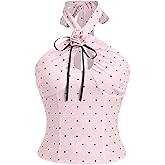 Milumia Women's 3D Floral Polka Dots Halter Top Criss Cross Tie Back Smocked Cute Tank Tops