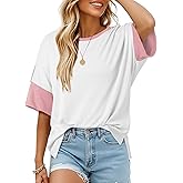 Dokotoo Womens Tops Oversized Trendy Shirts 2026 Summer Color Block Crewneck Business Casual Womens Blouses S-2XL