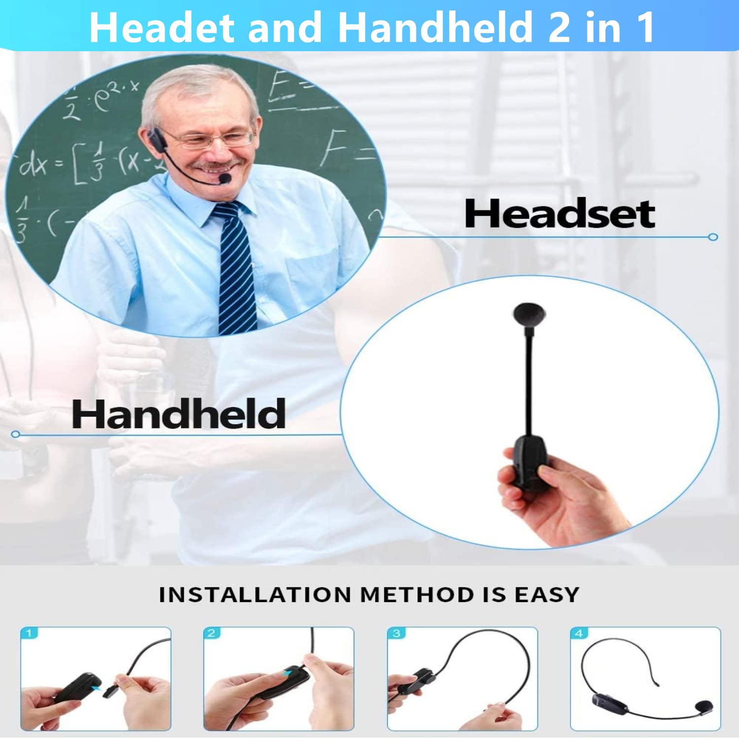 Wireless Microphone Headset, 2.4GHz, 165ft Range, Dual Micro USB Charging, Compatible with Voice Amplifier, Camera Recording, PA System