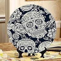 JGYJF Day of The Dead Sugar Skull with Floral Ornament A Plates Ceramic Colorful Wall Ceramic Plates Home Wobble-Plate with Display Stand Decoration Household Modern Ceramic Plates