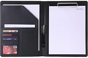 RHCSZ Padfolio/Portfolio Folder Clipboard,Resume/Interview Document Organizer & Business Card Holder Slot/Letter/A4 Size Writing Pad Holder,Faux Leather Office Conference Notepad Clip Boards, Black