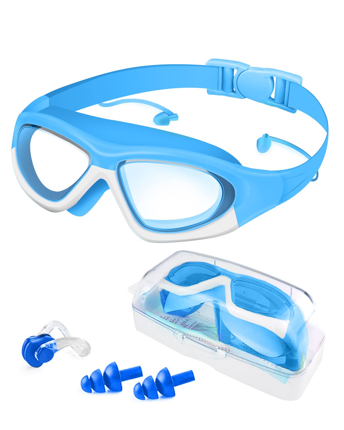Victoper Kids Swimming Goggles Big Frame Wide-Vision for Children Girls Boys,Swimming Goggles Kids 6-14 No Leaking Anti-Fog Lens and UV Protection with FREE Case,Nose Clip Ear Plugs, 6-14 Blue