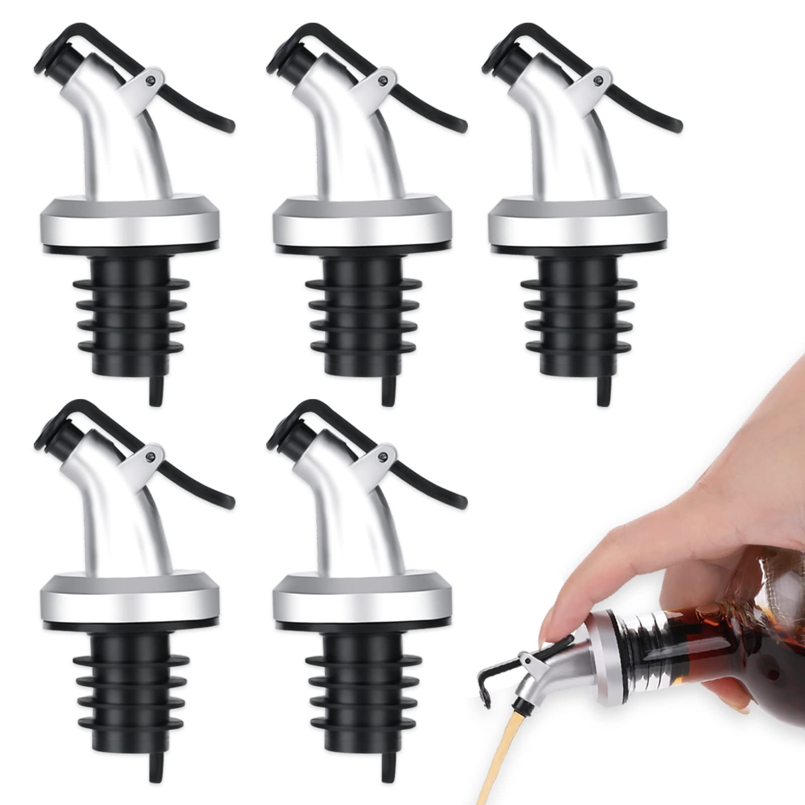 5 Pack Oil Bottle Pourer, Olive Oil Spouts Liquor Spirit Drinks Pourers Leakproof Bottle Stopper Dispenser with Dust Caps for Salad, Sauce, Soy, Wine, Vinegar | Oil Bottle Dispenser Kitchen Tools