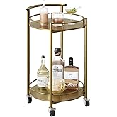 Azheruol Bar Cart Gold Rolling Cart for Home,2 Tiers Bar Serving Cart Round Wine Cart with Handle, Metal Wine Rack and Caster