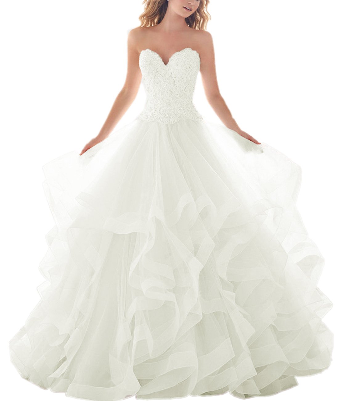 APXPF Women's Lace Tulle Ruffles Ball Gown Wedding Dresses for Bride