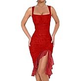 BORIFLORS Women's Sexy Ruched Bodycon Midi Dresses Square Neck Sleeveless Ruffle Hem Club Party Tank Dress