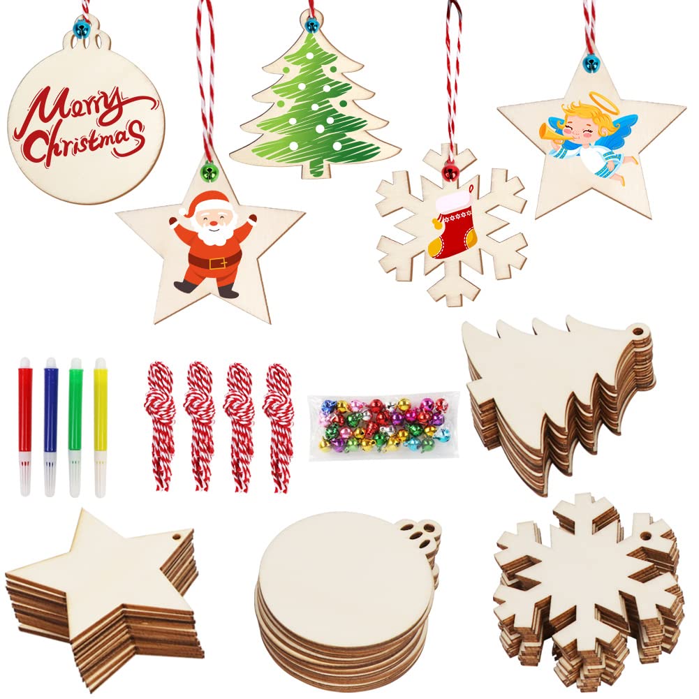 Fayavoo 40pcs Wooden Christmas Ornaments Set Wooden Baubles with Bells, Colored Markers and Ropes, Unfinished Wood Slices for Crafts Kids DIY Xmas Gifts Wooden Christmas Tree Decorations