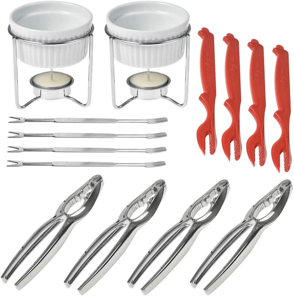Seafood Tools Crackers Nutcrackers Ceramic Butter Warmers Set-4 Lobster Crackers, 2 Ceramic Butter Warmers, 4 Lobster Knives and 4 Crab Forks for Stylish & Heavy-Duty Seafood Lovers: Kitchen & Dining