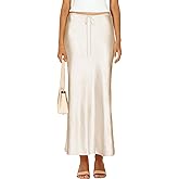 Skrtimory Womens Satin Silk Maxi Skirts Drawstring Flared Casual A-Line Long Skirt for Women
