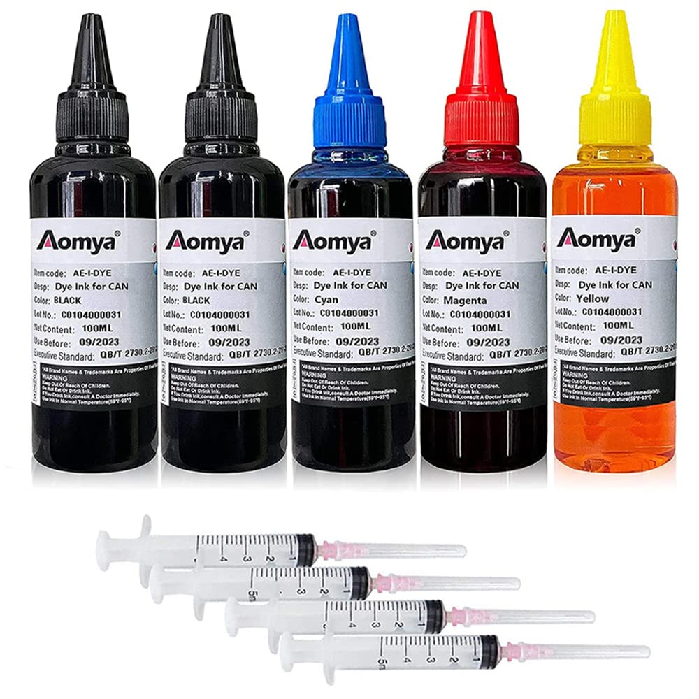 Aomya Ink Refill kit 5x100ml Compatible for Canon PGI-545 PGI-540 PGI-550 CLI-551 PGI-570 CLI-571 PGI-580 PGI-525 PGI-520 CLI-521 Inkjet Printer Refillable Ink Cartridge with 4 Syringes,2BK+CMY