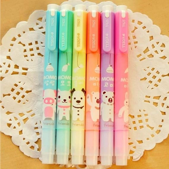 Set of 6 Cute Kawaii Novelty Cartoon Colored Assorted Animals Double