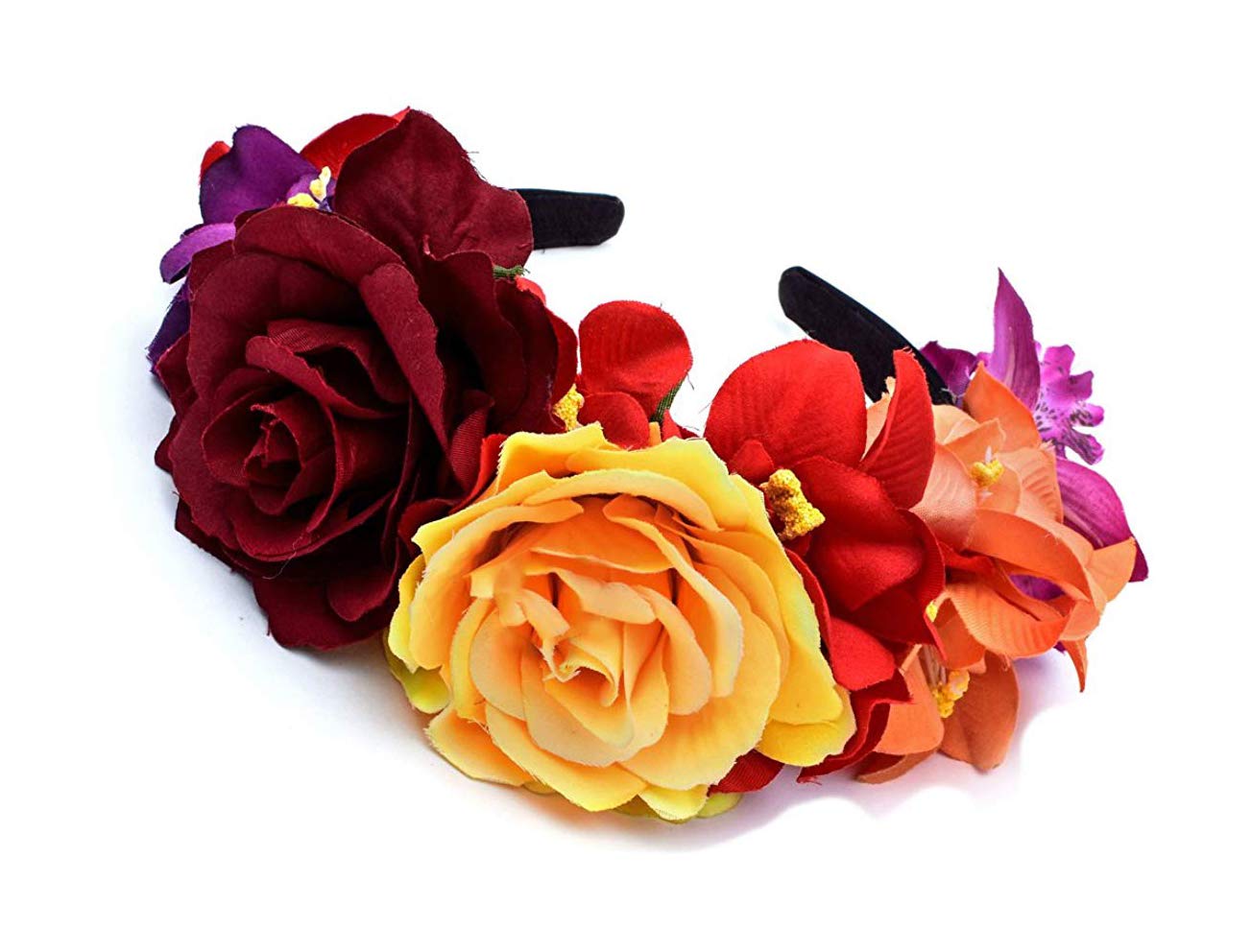Merroyal Halloween Flower Crown Headband Party Costume Dia de Los Muertos Day of The Dead Headpiece (Yellow Red Orange Purple)