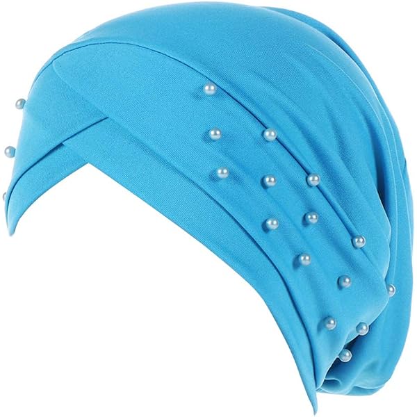 Fxhixiy Women's Pre-Tied Turban Head Wrap - Silky Beaded Chemo Beanie & Hair Cover Hat (Blue, One Size) - View #6