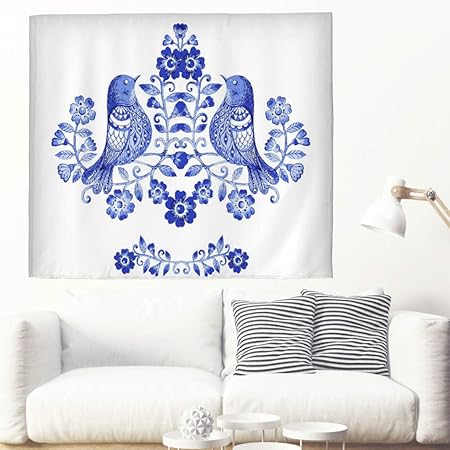 Téléchargement gratuit Images Tapisserie Murale Psychedelique Avec Motif Oiseau Et Fleurs Bleu le plus cool par