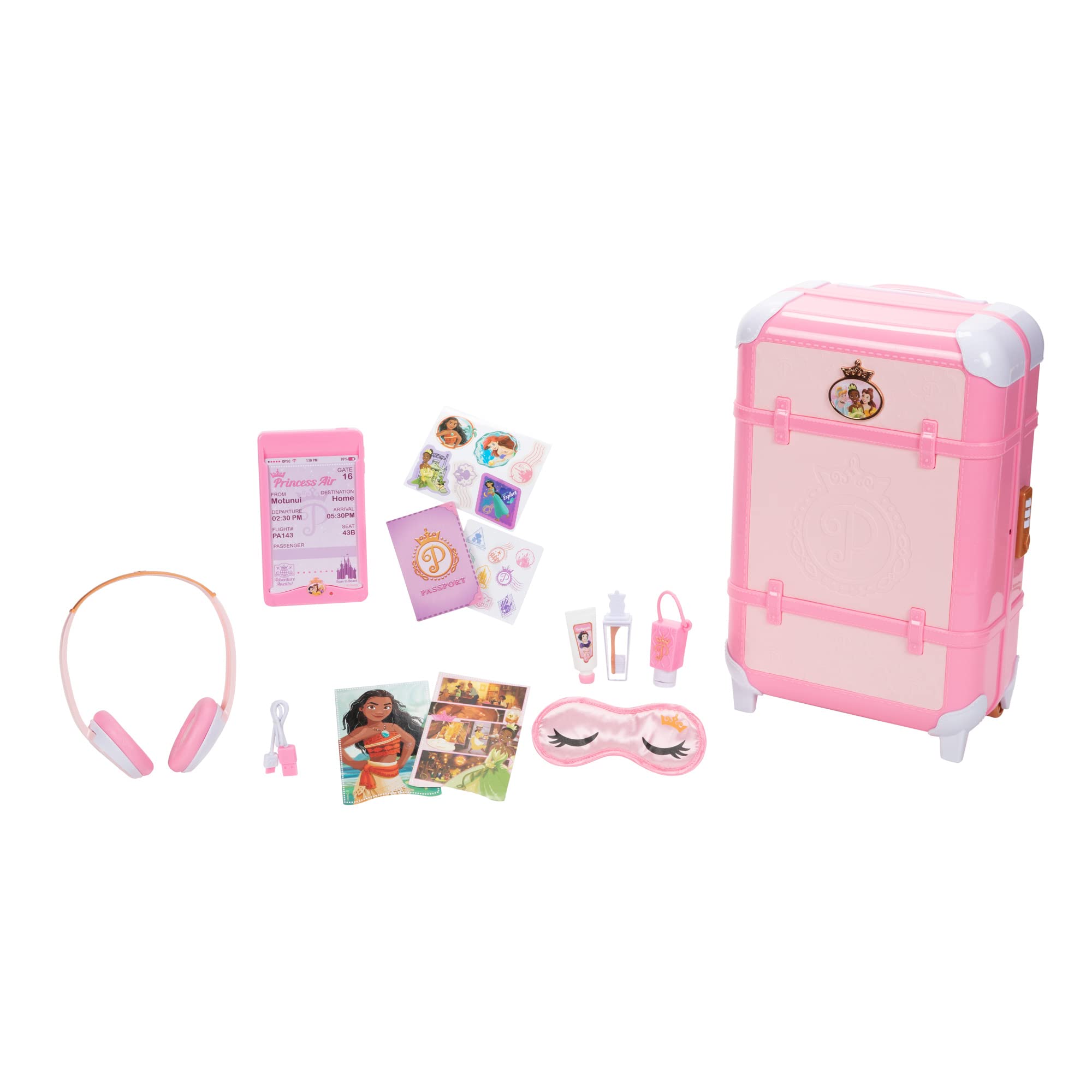 Disney Princess Travel Suitcase Play Set for Girls with Luggage Tag Style Collection, 14 Pretend Play Accessories Pieces Including Travel Passport! for Ages 3+