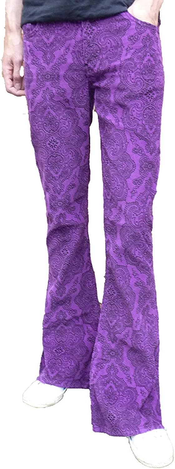 Fuzzdandy Mens Flares Bell Bottoms Paisley Flared Trousers Purple