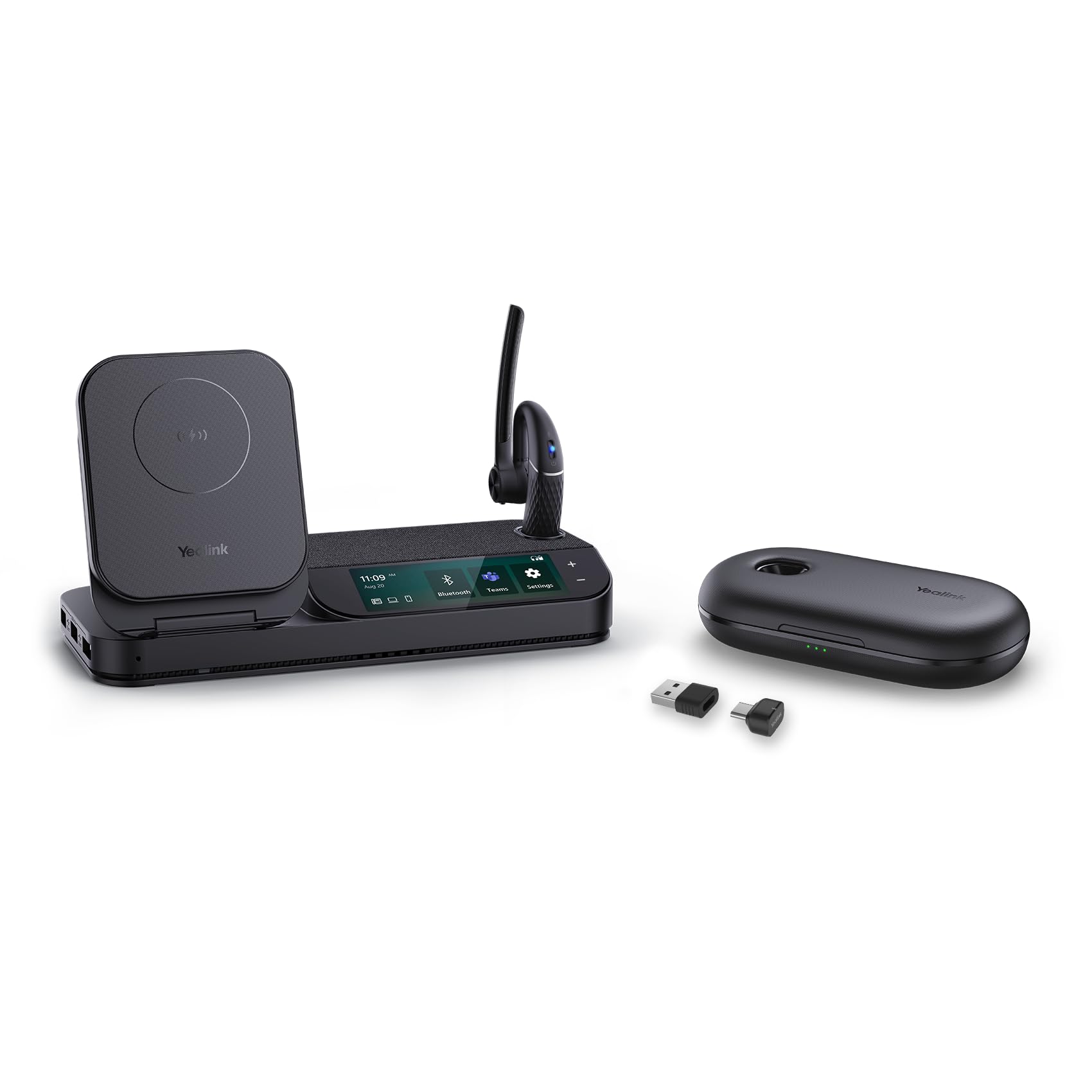 Yealink Bluetooth Headset Workstation, Office Wireless Headset with Mic, Speakerphone, Wireless Charging Pad, Charging Case, USB-C/A Dongle,Connect to Desk Phone, PC, Work with Teams Zoom