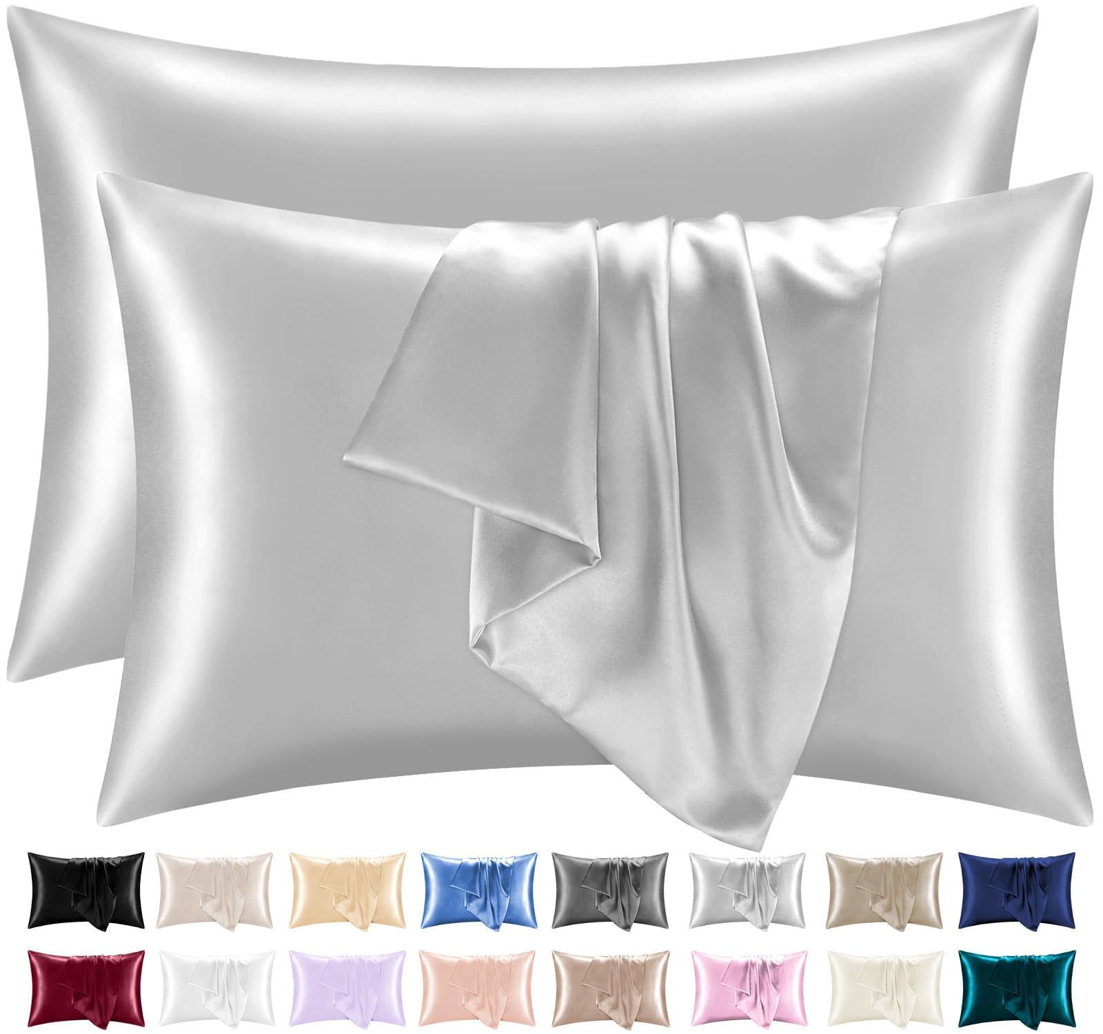 Lazzaro Satin Silk Pillowcases for Hair and Skin - Hypoallergenic Silk Pillow Cases 2 Pack with Envelope Closure - Ultrasoft Standard Size Grey Silk Pillowcases (50 x 75 cm)