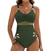 Dridreo Women Tummy Control One Piece Swimsuit Petal Cutout with Inner Liner Bathing Suit Mesh Metal Swimwear