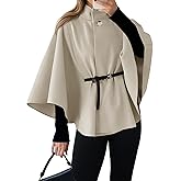 Womens Poncho Pea Coats Batwing Sleeve Stand Collar Belt Jacket Top Casual Elegant Fall Winter Cape Coat