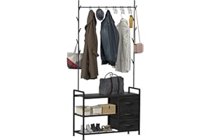 HOMEKOKO Coat Rack Tree Shoe Bench, Hall Tree for Entryway with Drawer Cubby Storage Bench, Wood Look Accent Furniture with Metal Frame, 3-in-1 Design (Black Wood Veins)