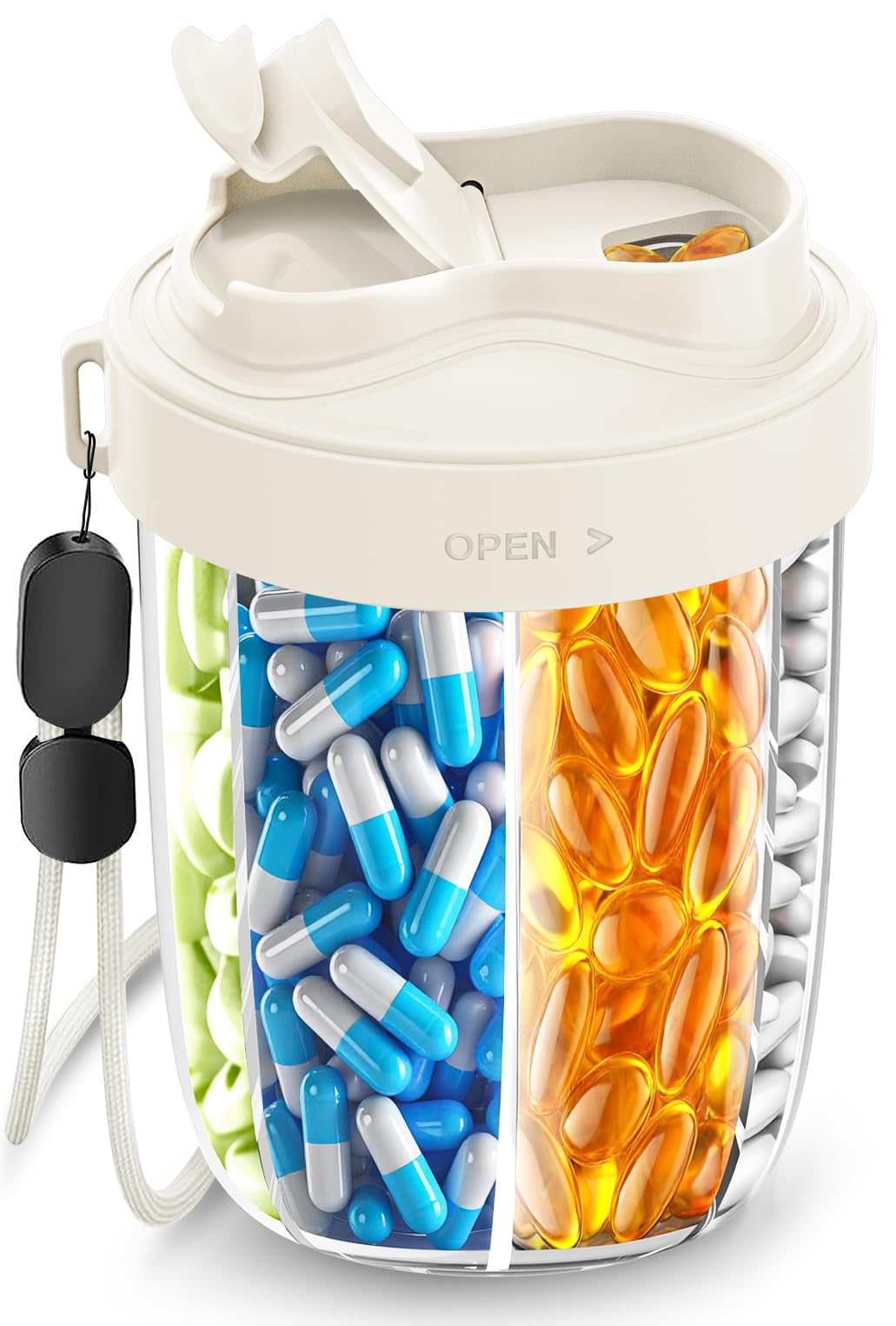 Photo 1 of Pill Dispenser with 7 Large Compartments - Portable Pill Organizer for Travel, Anti-Mix Design & Wide Opening Design, Easy Access to Vitamin Dispenser, Includes 20 Blank Stickers (White)