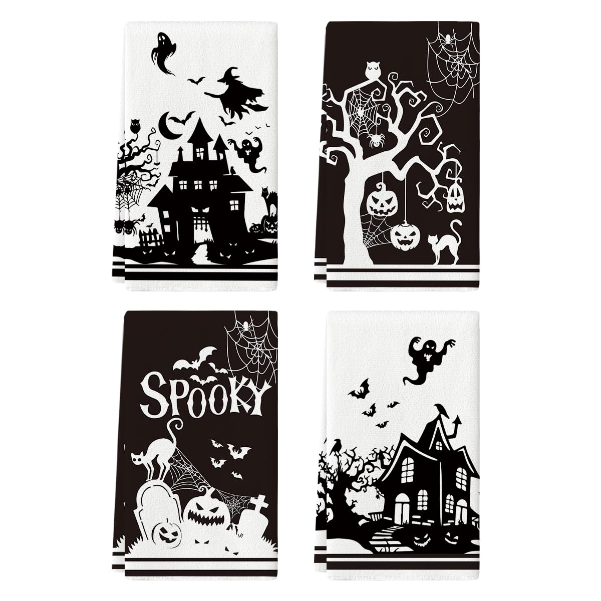 Photo 1 of Artoid Mode Spooky Ghost Castle Witch Halloween Kitchen Towels Dish Towels, 18x26 Inch Haunted House Tree Decoration Hand Towels Set of 4