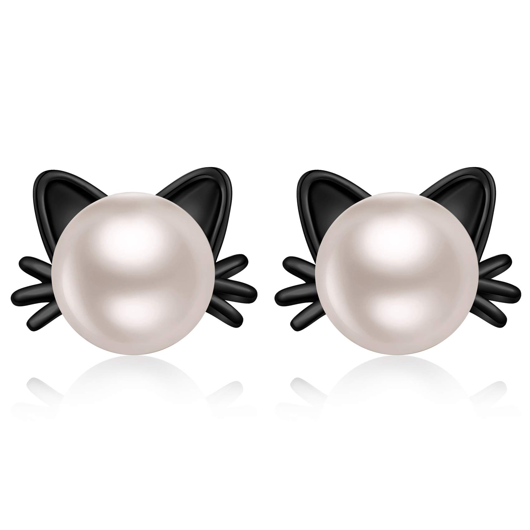 JiaYang Black Gold Cat Pearl Earrings for Women Sterling Silver Cats Stud Earrings with White Pearls Cute Kitty Cat Animal Earrings for Daughter Girls