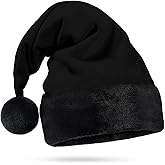 Hexonomy All Black Santa Hat - Black Furry Trim, Faux Fur - Gothic Xmas, Spooky Goth Decor, Delux Christmas Hat - Adult, 1 Size