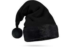 Hexonomy All Black Santa Hat - Black Furry Trim, Faux Fur - Gothic Xmas, Spooky Goth Decor, Delux Christmas Hat - Adult, 1 Size