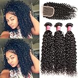 Donmily 8A Brazilian Curly Hair with Closure 3 Bundles Curly Hair Weft with Free Part Lace Closure 100% Unprocessed Virgin Human Hair Extensions Natural Color