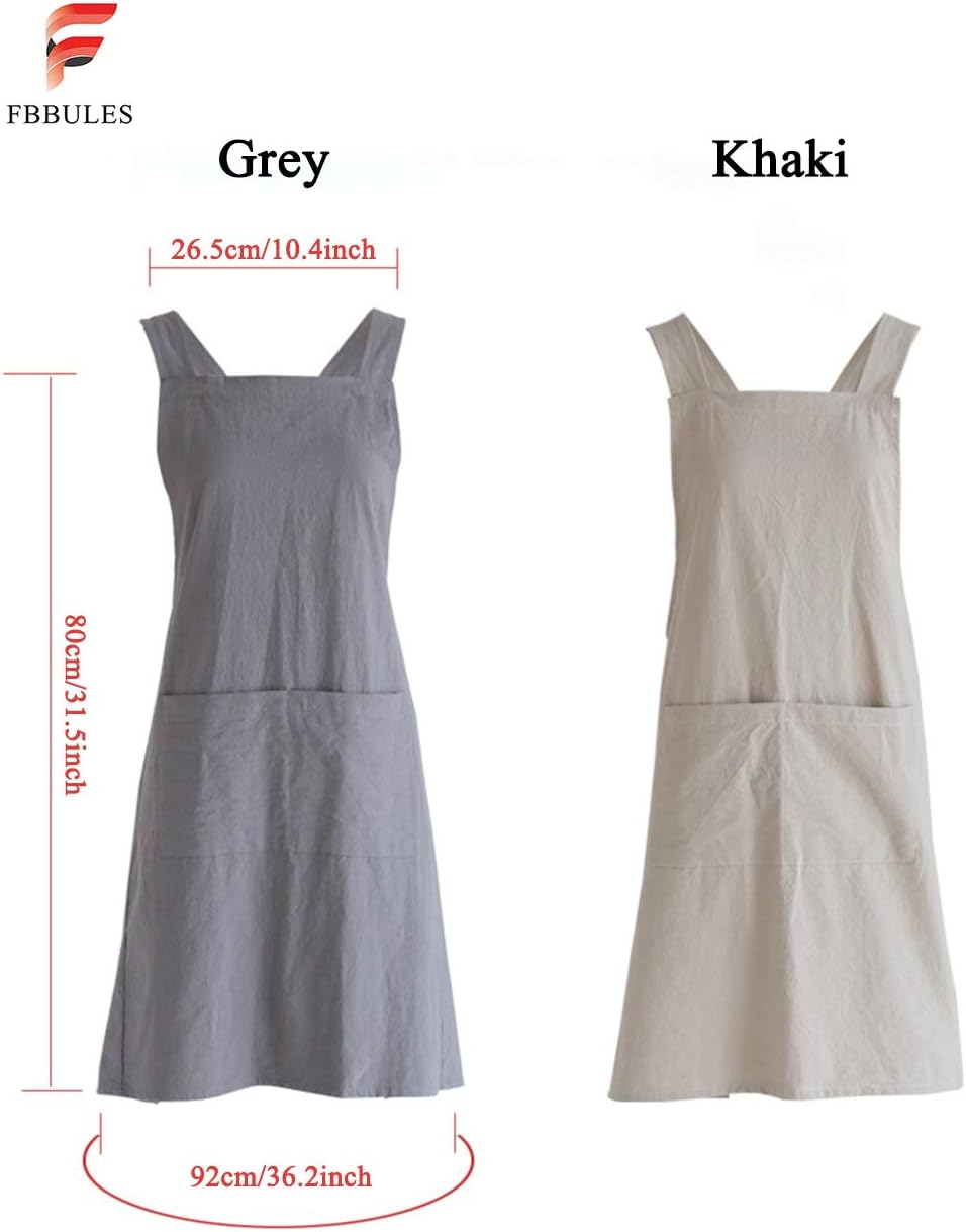 FBBULES Kitchen Apron with Pocket, Cotton Linen Japanese Style Apron, Cross Back Bandage Halter Pinafore - Image 3