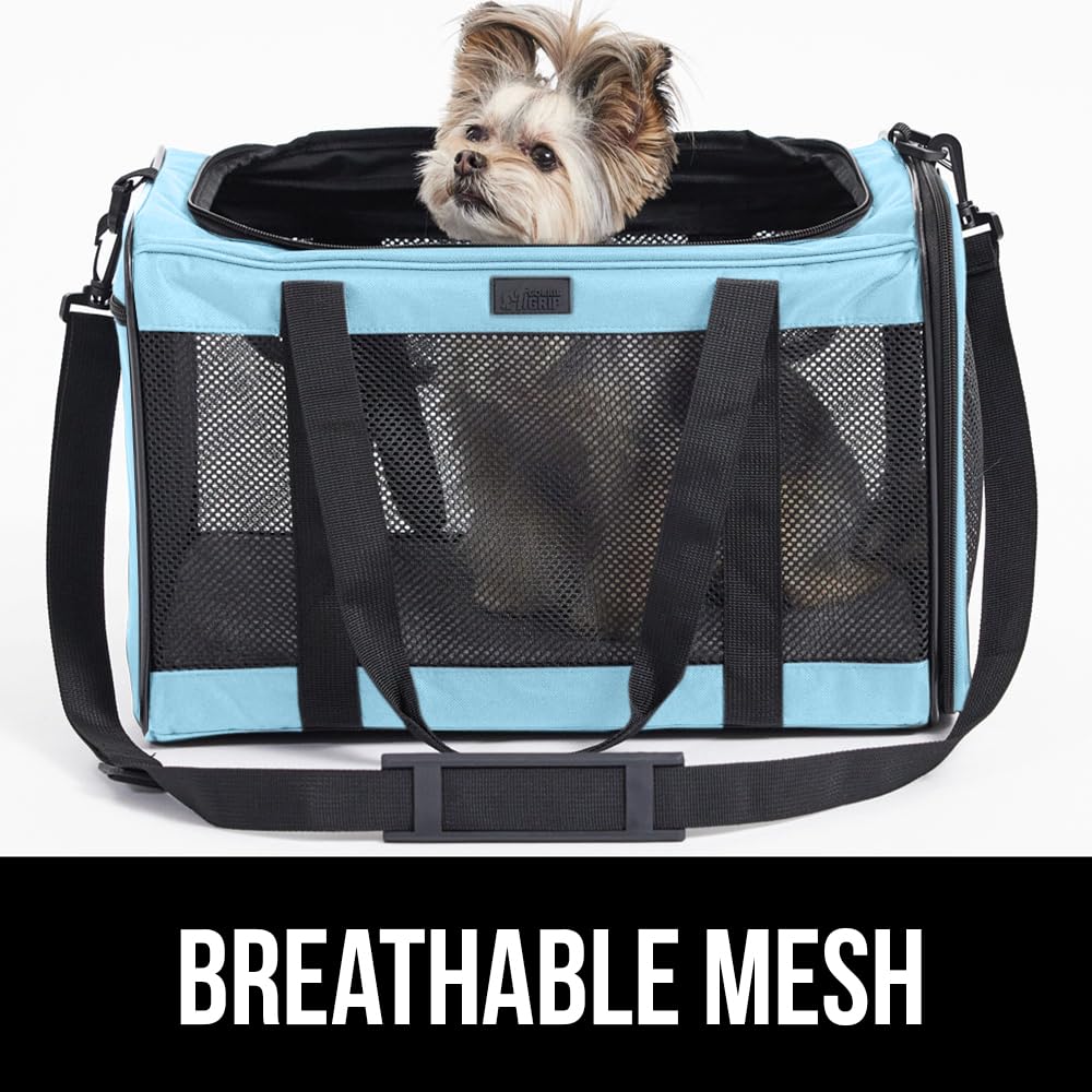GORILLA GRIP Airline Travel Cat Carrier Bag Up to 15 Lbs, Breathable Mesh Collapsible Pet Carriers for Small, Medium Cats, Small Dogs, Puppies, Portable Kennel with Soft Washable, Light Blue